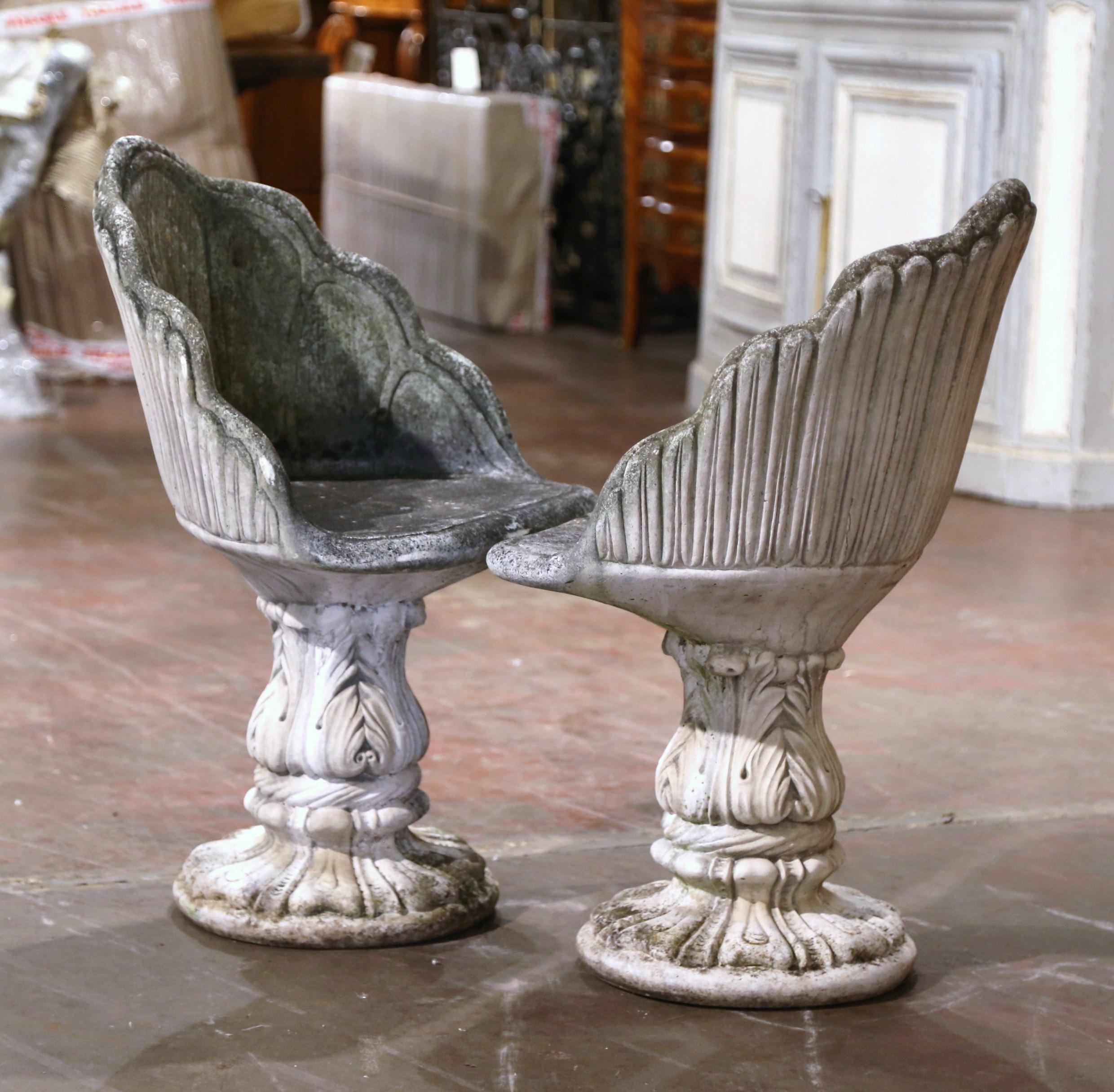 Pair of Mid Century Carved Stone Garden Chairs with Seashell Motifs For Sale 1