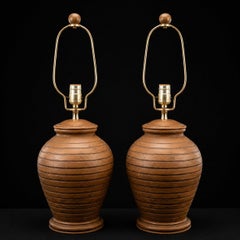 Pair of Mid Century Carved Terracotta Stoneware Urn Lamps