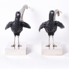 Pair of Mid Century Carved Wood and Metal Bird Sculptures
