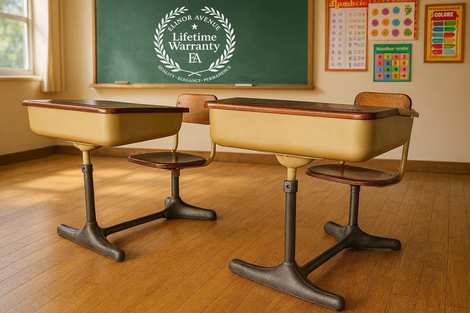 Elevate your space with this rare matched pair of mid-century school desks, attributed to the renowned American Seating Company, circa 1950s. These beautifully restored pieces exemplify the craftsmanship and industrial design of American educational