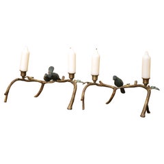 Pair of Mid-Century Cast Iron Bird Branch Two-Light Candelabras