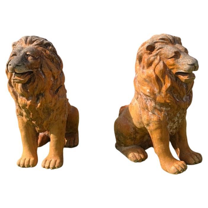 Pair of Mid-Century Cement Lions with Weathered Terracotta Finish For Sale
