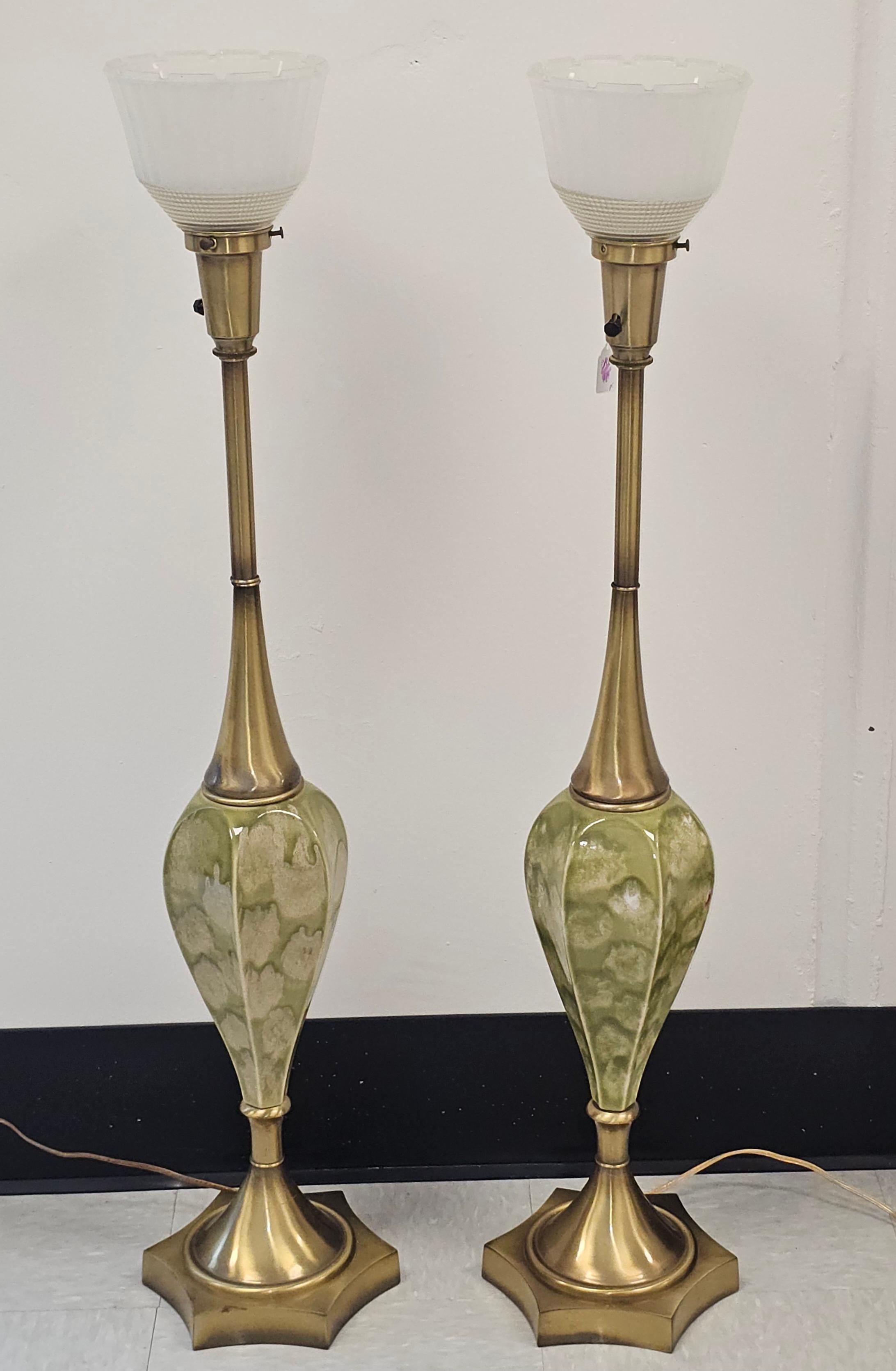 A Pair of Mid-Century Ceramic and Brass Torchere Table Lamps. Measures 6