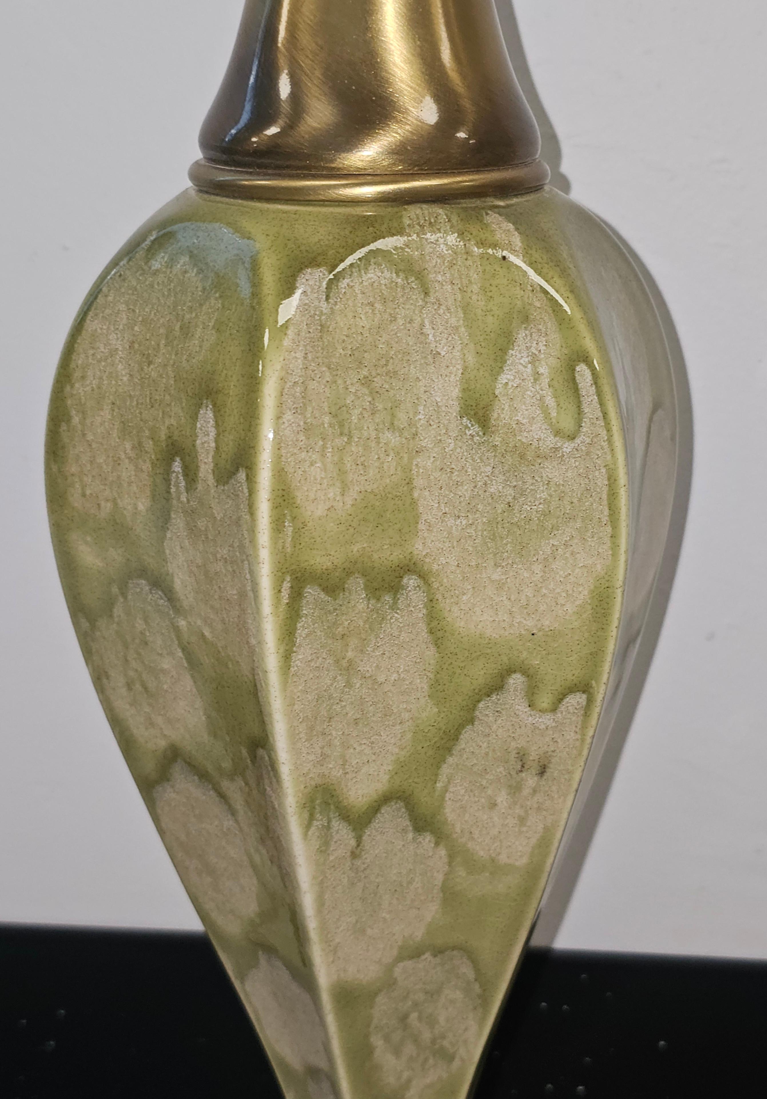 20th Century Pair of Mid-Century Ceramic and Brass Torchere Table Lamps For Sale