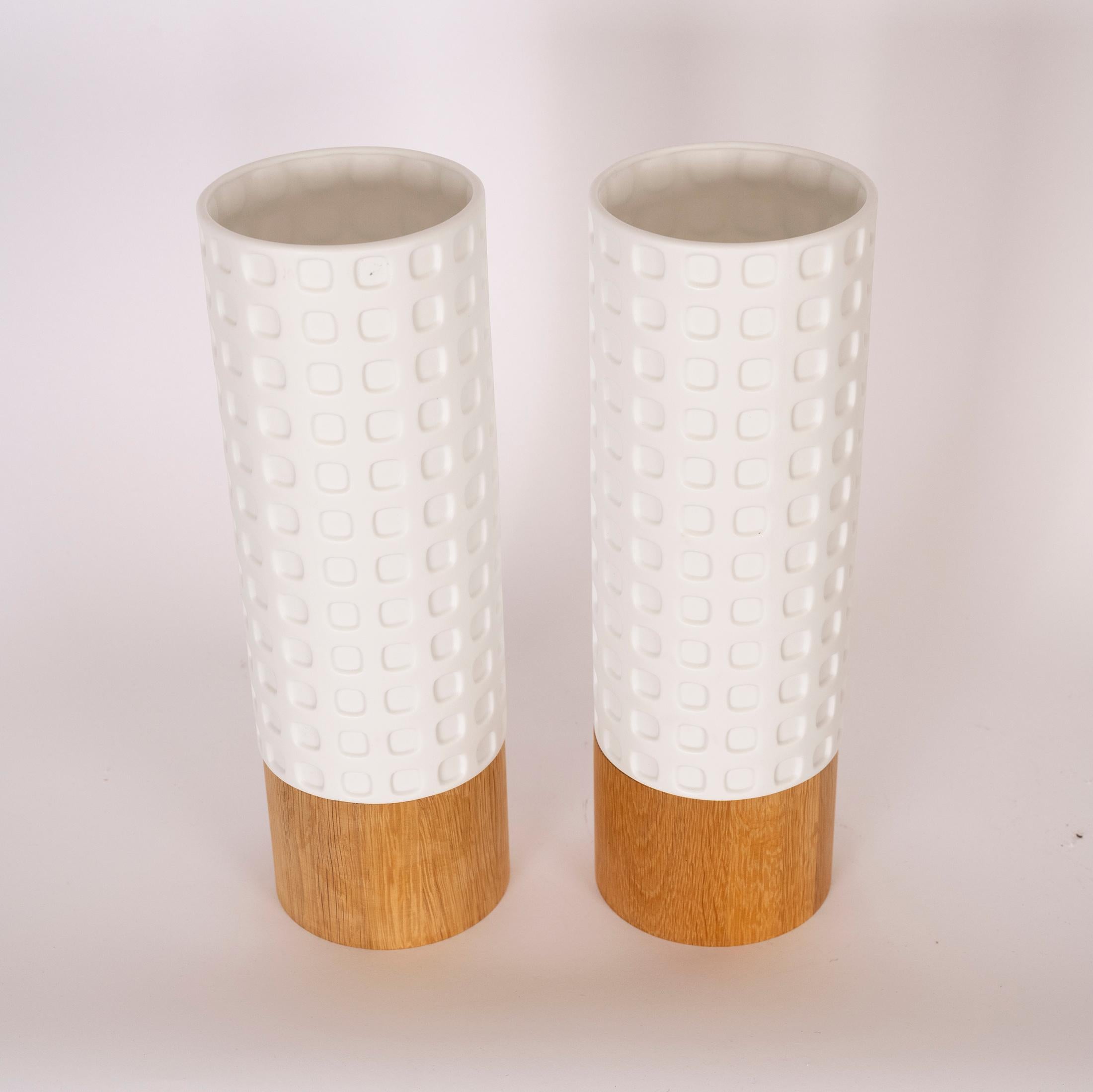European Pair of Midcentury Ceramic and Wood Table Lamps