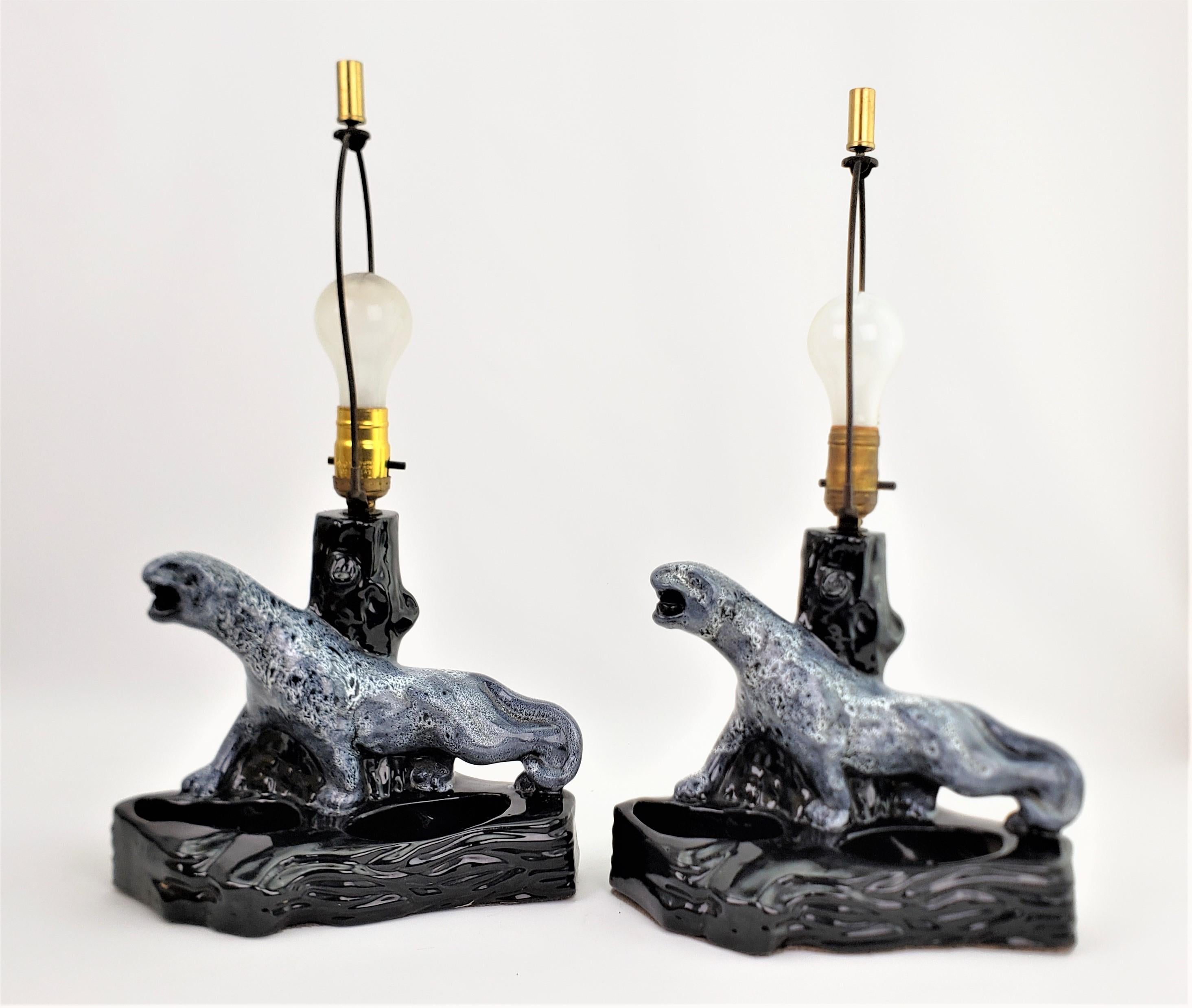 Pair of Mid-Century Ceramic Black Panther Table Lamps with Grey Lava Glaze For Sale 3