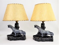 Pair of Mid-Century Ceramic Black Panther Table Lamps with Grey Lava Glaze