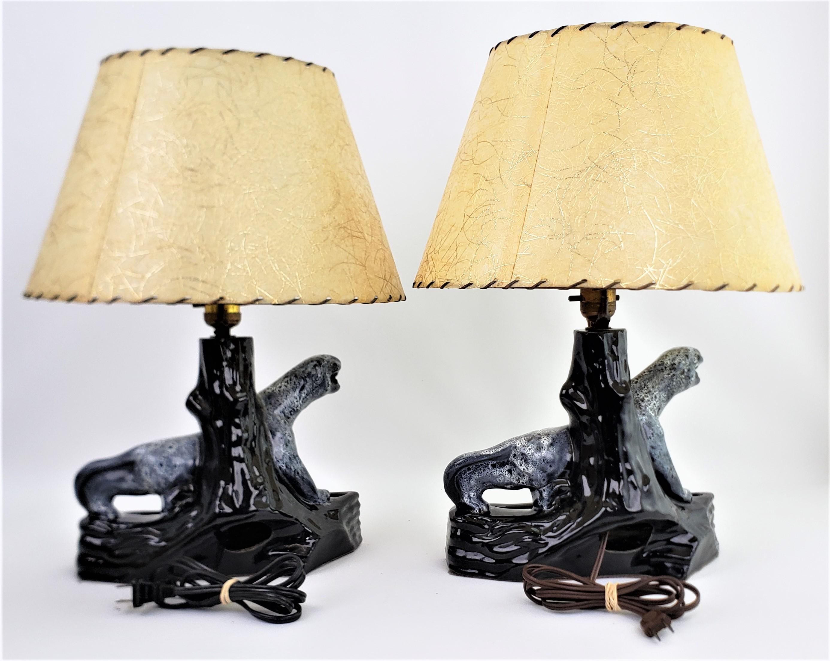 Mid-Century Modern Pair of Mid-Century Ceramic Black Panther Table Lamps with Grey Lava Glaze For Sale