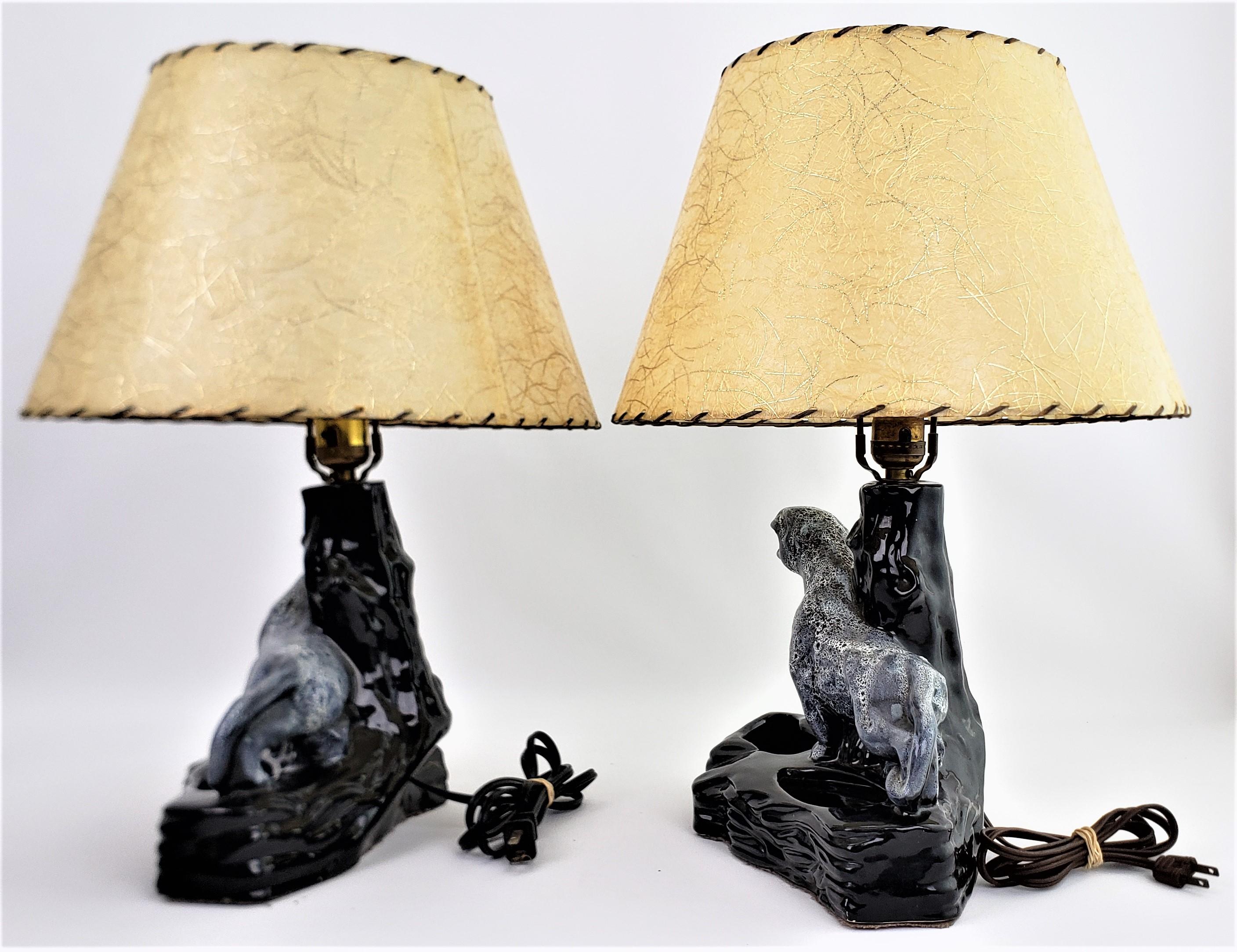 American Pair of Mid-Century Ceramic Black Panther Table Lamps with Grey Lava Glaze For Sale