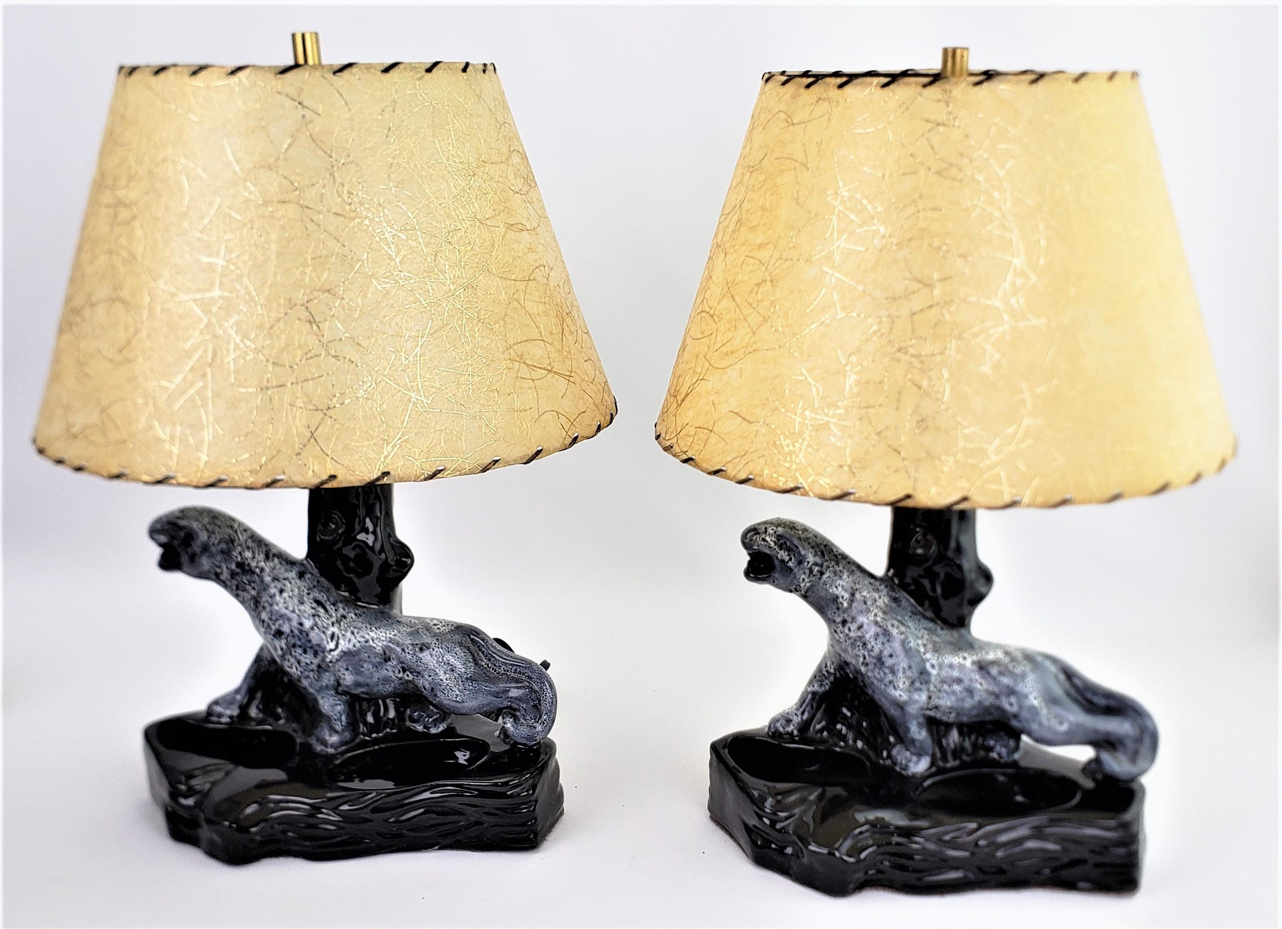 Glazed Pair of Mid-Century Ceramic Black Panther Table Lamps with Grey Lava Glaze For Sale