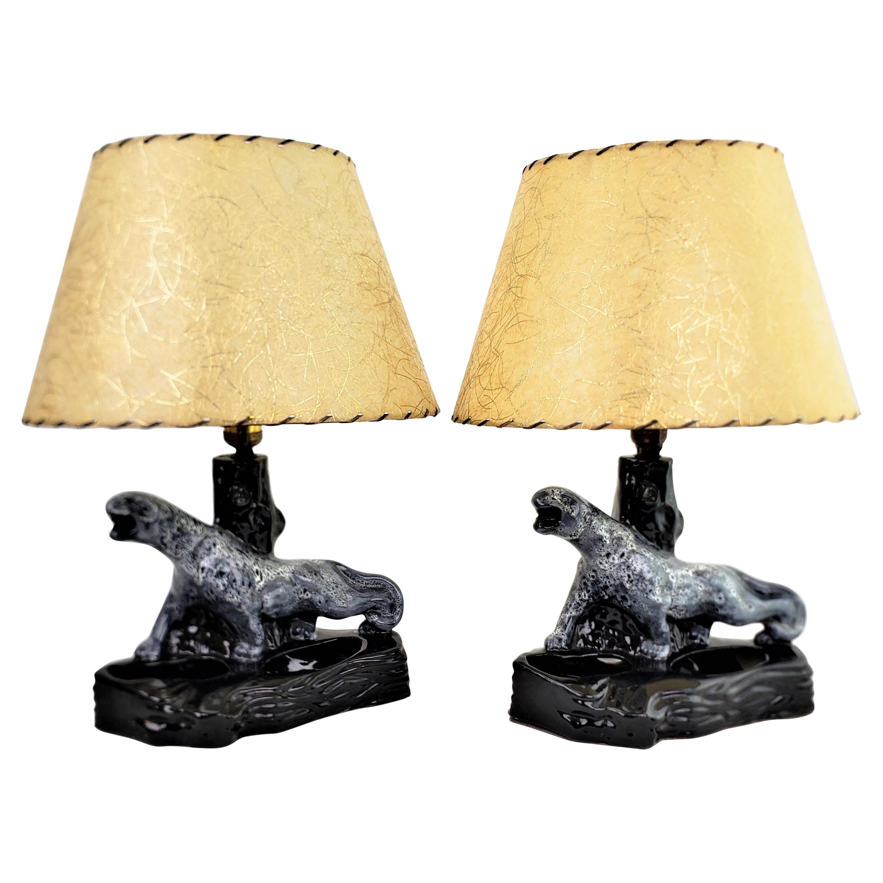 Pair of Mid-Century Ceramic Black Panther Table Lamps with Grey Lava Glaze For Sale