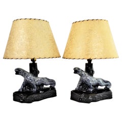 Pair of Mid-Century Ceramic Black Panther Table Lamps with Grey Lava Glaze