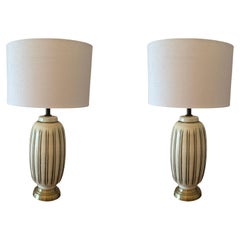Pair of Mid-Century Ceramic Cream with Golden Stripes Table Lamps