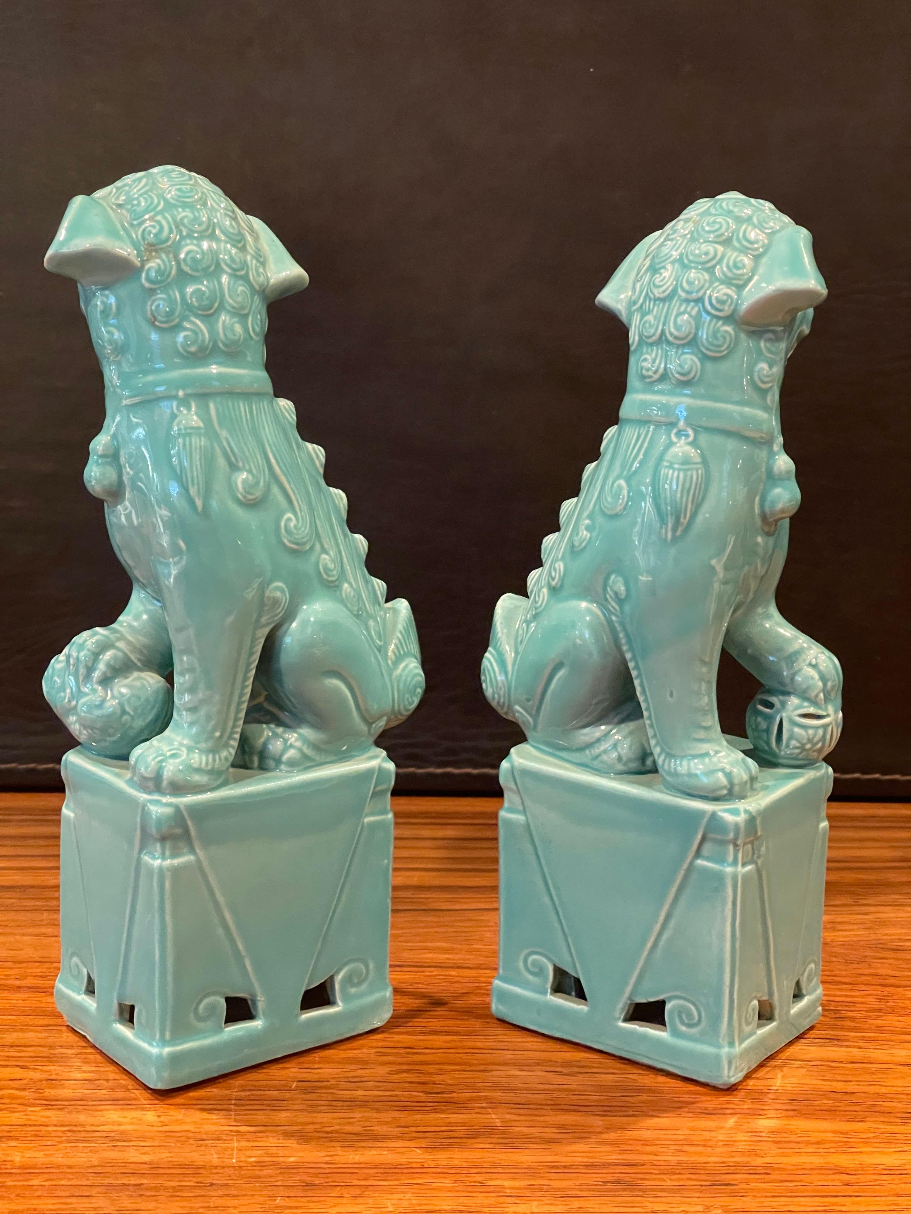 Glazed Pair of Midcentury Ceramic Foo Dogs / Bookends