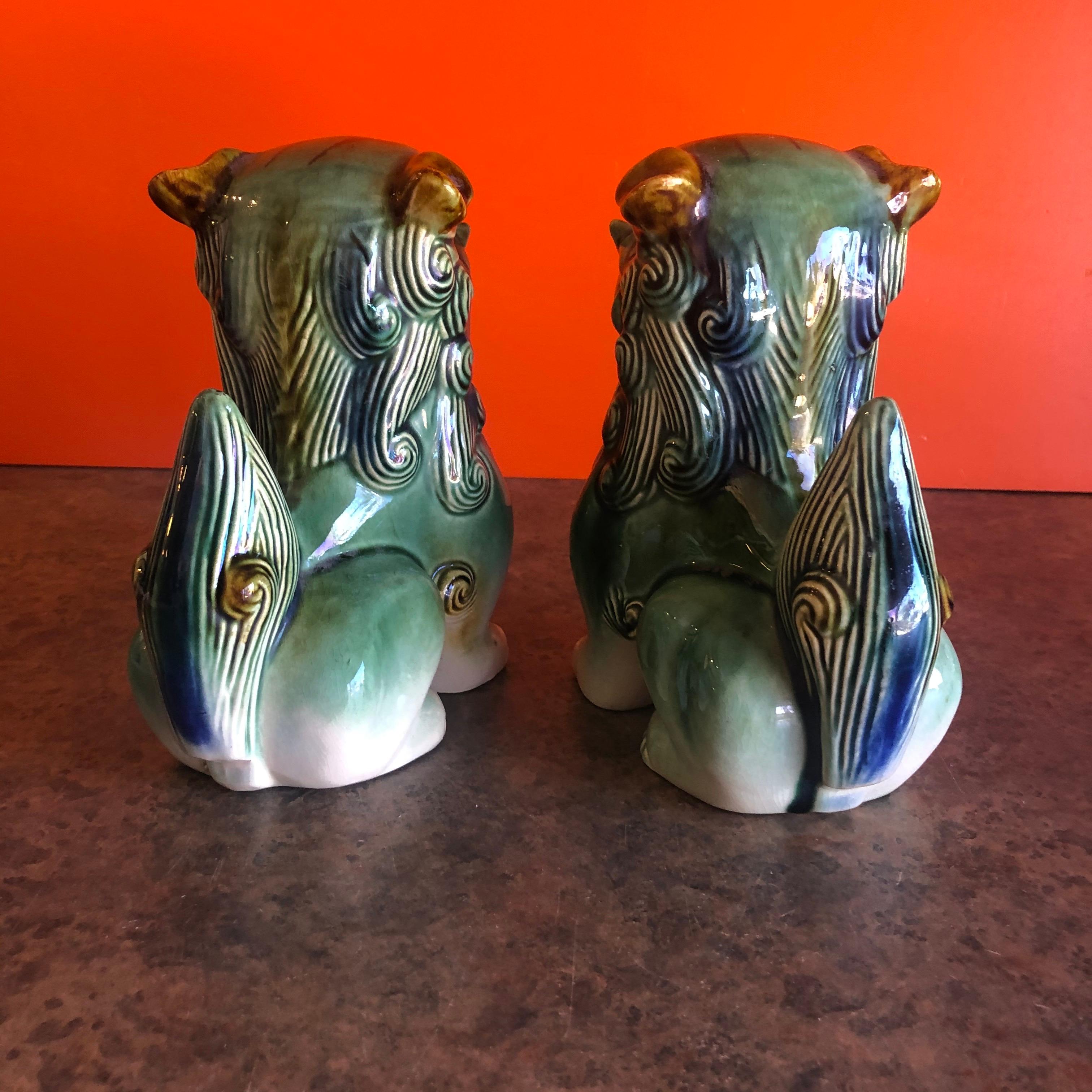 Glazed Pair of Midcentury Ceramic Foo Dogs / Bookends