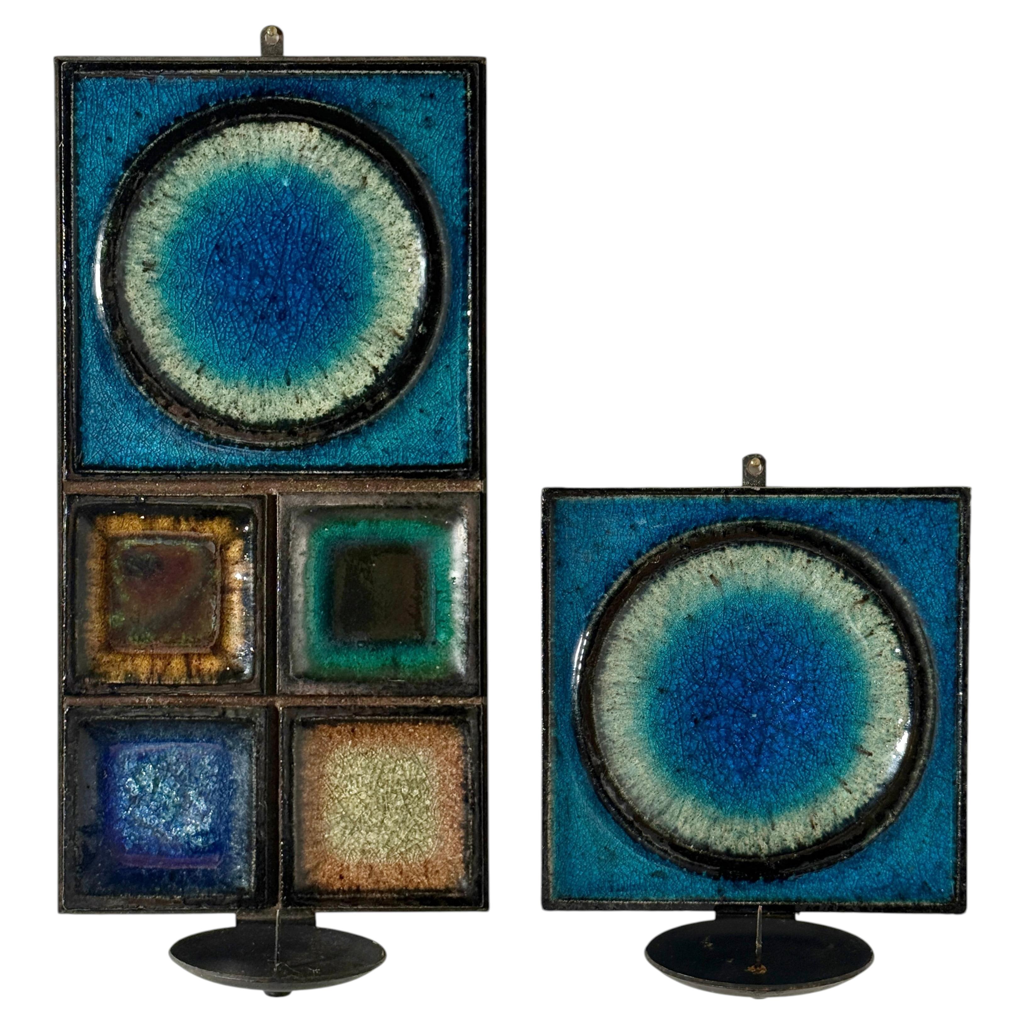 Pair of Mid Century Ceramic Mosaic Wall Candle Sconces by Konrad Galaaen 1960s For Sale