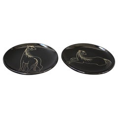 Pair of Mid-Century Ceramic Plates with Stylised Horses by Atelier Cerenne