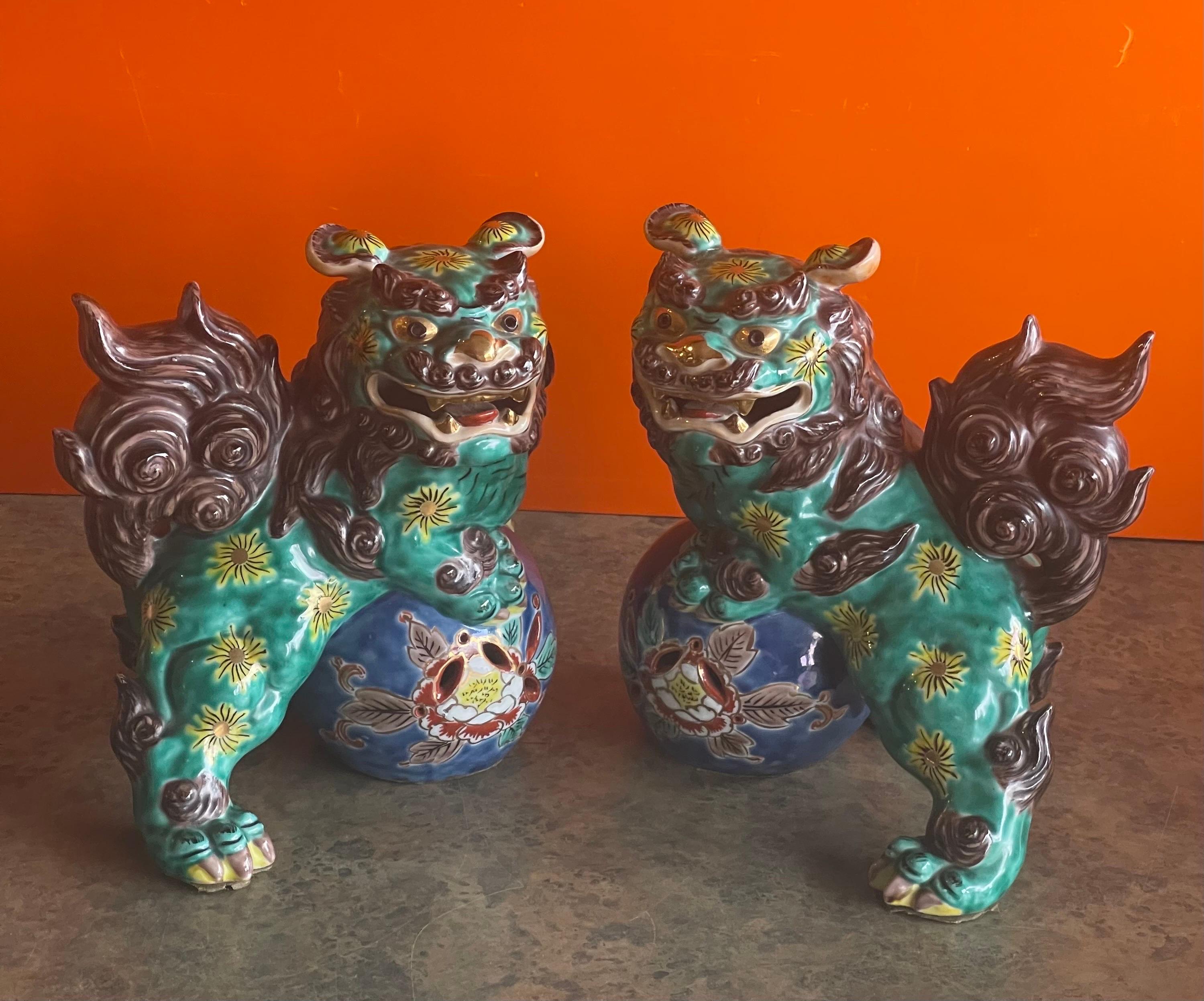 Pair of Mid-Century Ceramic Polychrome Foo Dogs 5