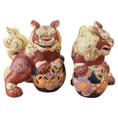 Pair of Mid-Century Ceramic Polychrome Foo Dogs