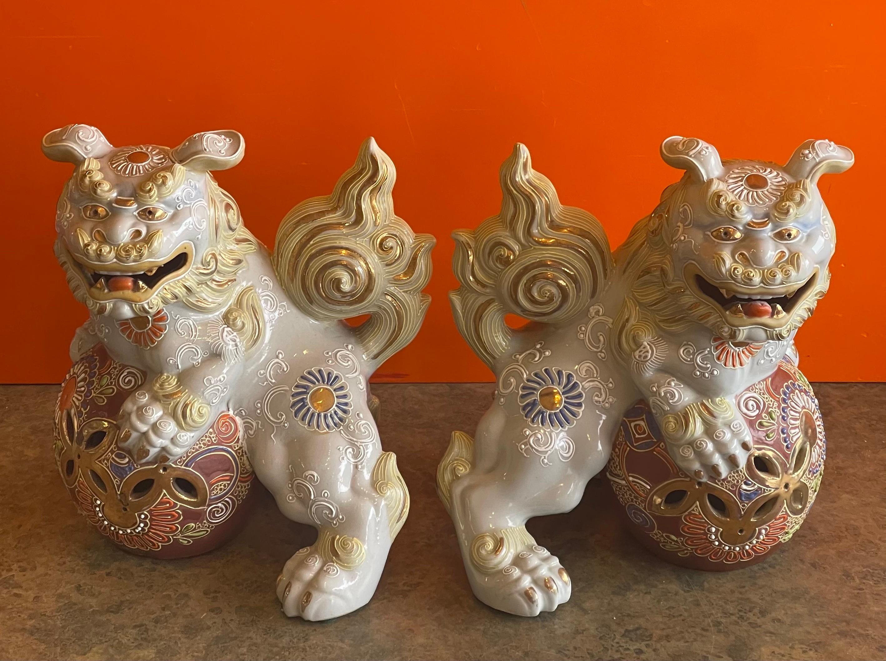 Hand-Crafted Pair of Mid-Century Ceramic Polychrome Foo Dogs For Sale