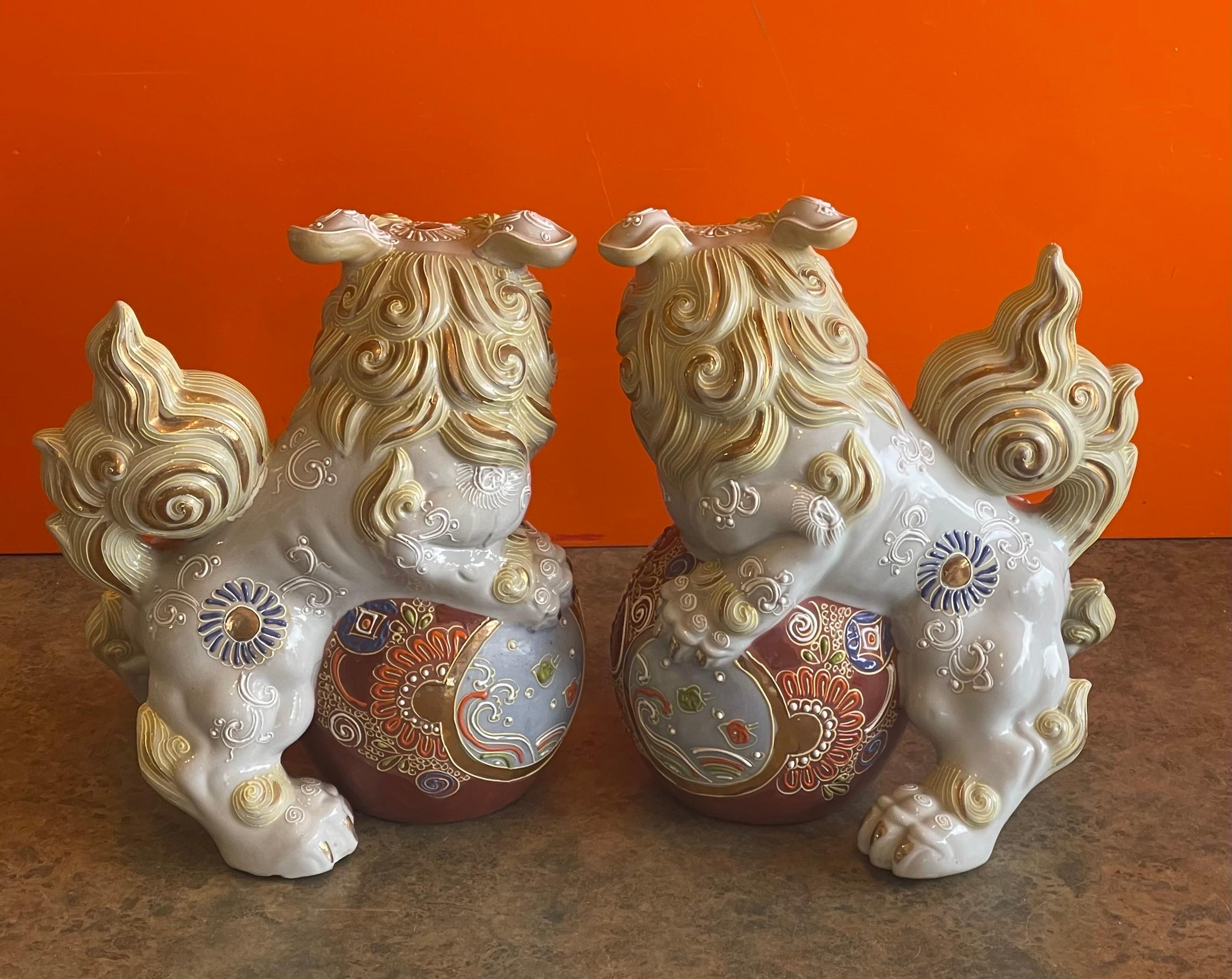 Pair of Mid-Century Ceramic Polychrome Foo Dogs In Good Condition For Sale In San Diego, CA