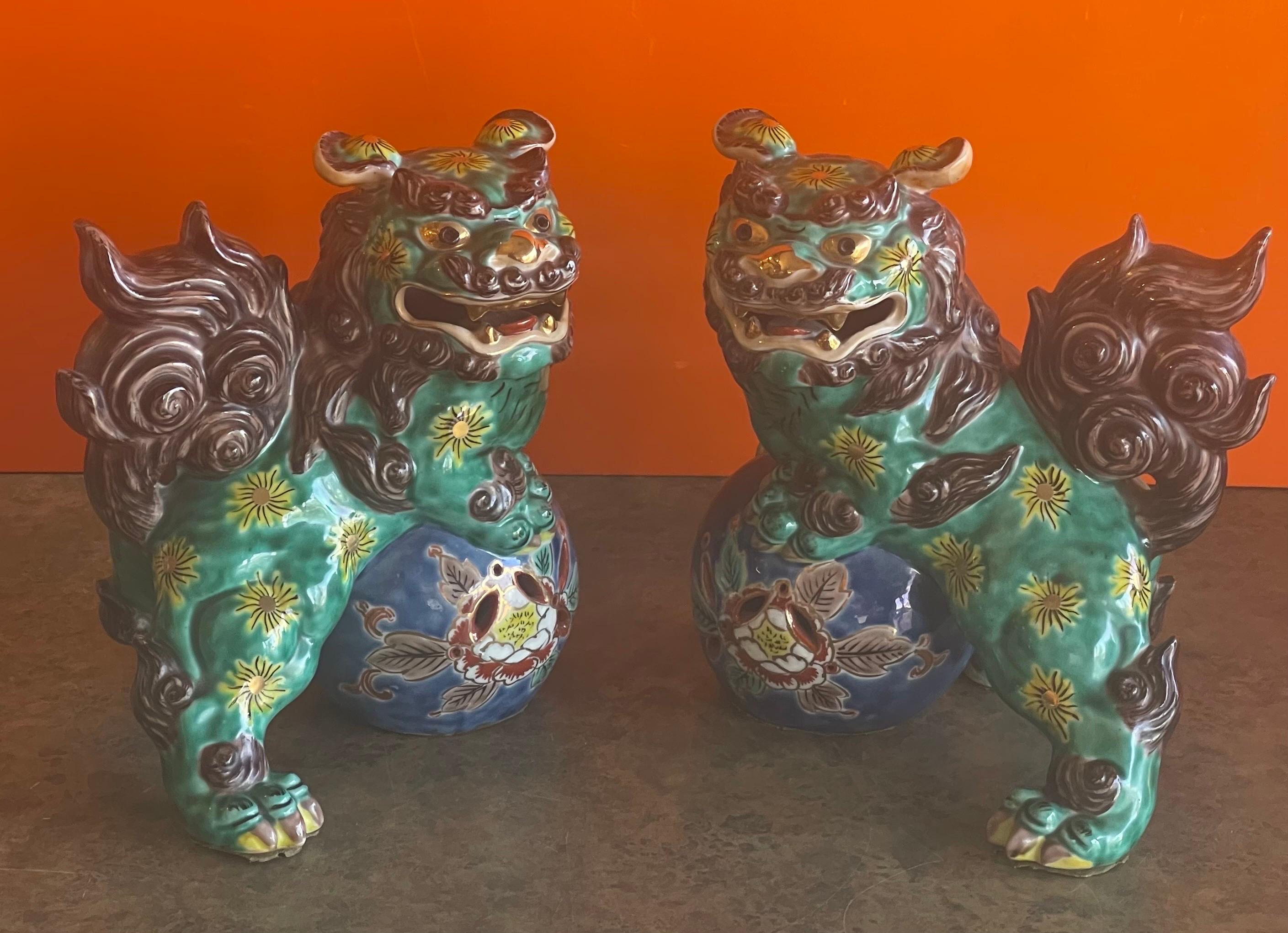 Pair of Mid-Century Ceramic Polychrome Foo Dogs 1