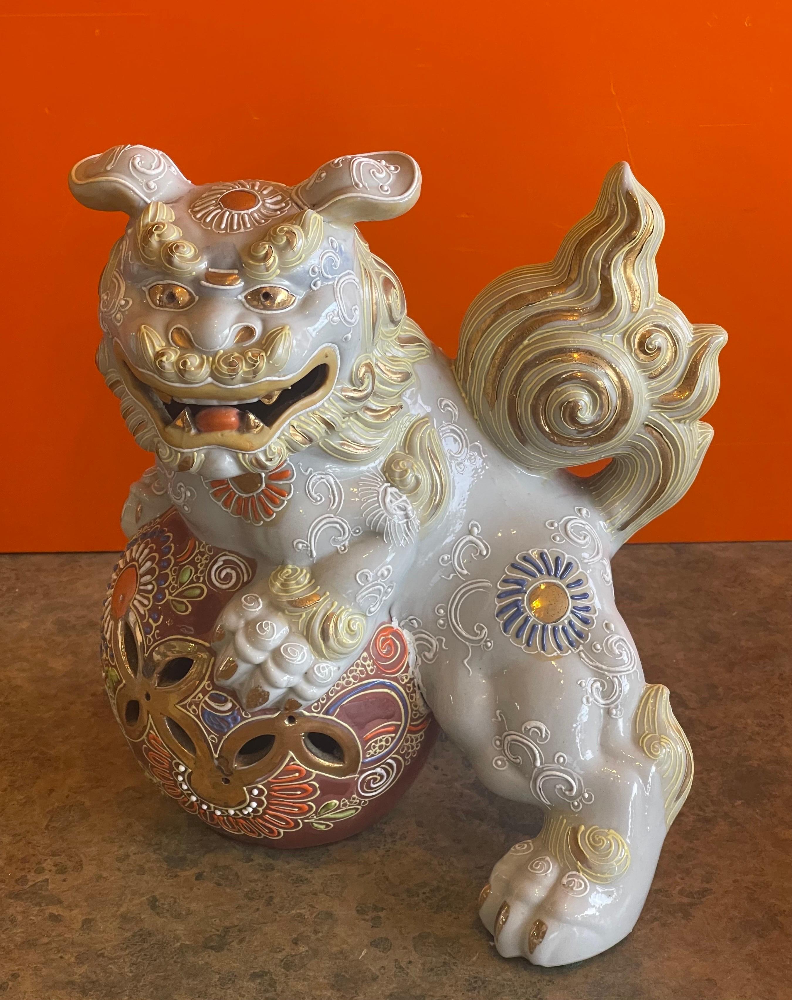 Pair of Mid-Century Ceramic Polychrome Foo Dogs For Sale 1