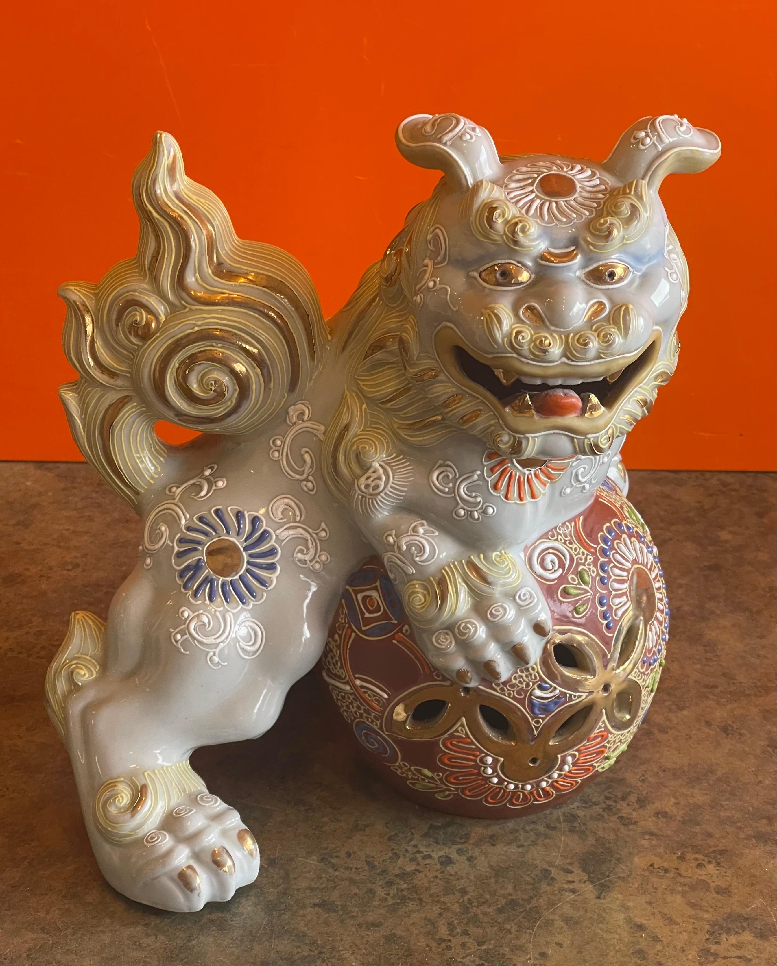 Pair of Mid-Century Ceramic Polychrome Foo Dogs For Sale 2