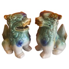 Retro Pair of Mid-Century Ceramic Polychrome Foo Dogs