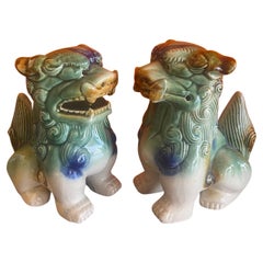 Pair of Mid-Century Ceramic Polychrome Foo Dogs