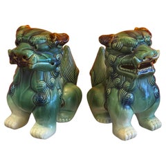 Antique Pair of Mid-Century Ceramic Polychrome Foo Dogs