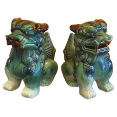 Retro Pair of Mid-Century Ceramic Polychrome Foo Dogs