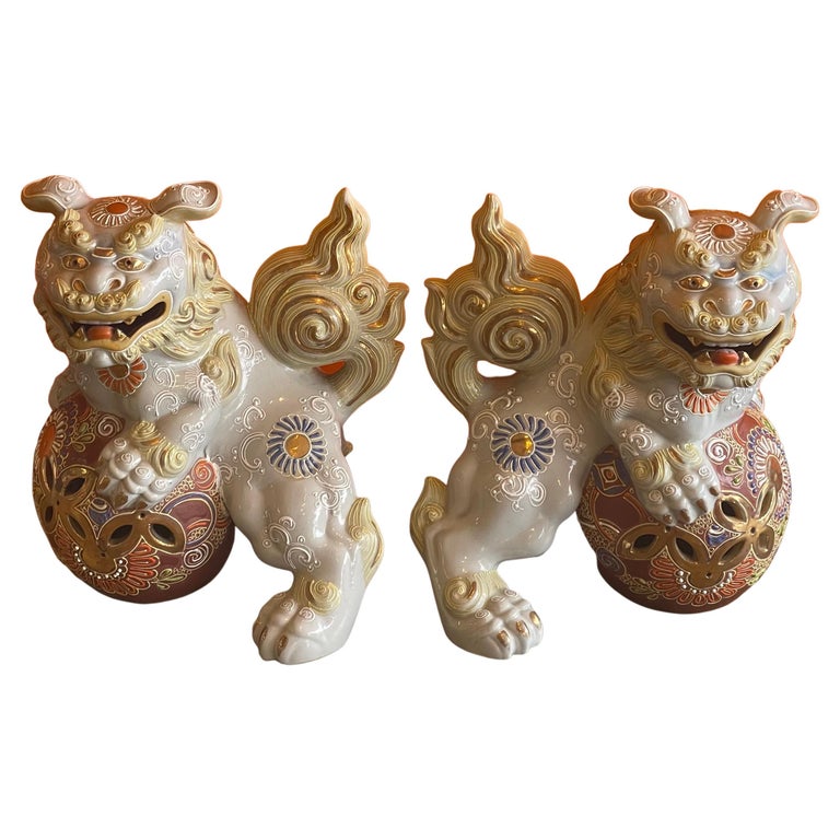 Pair of MidCentury Ceramic Polychrome Foo Dogs For Sale at 1stDibs
