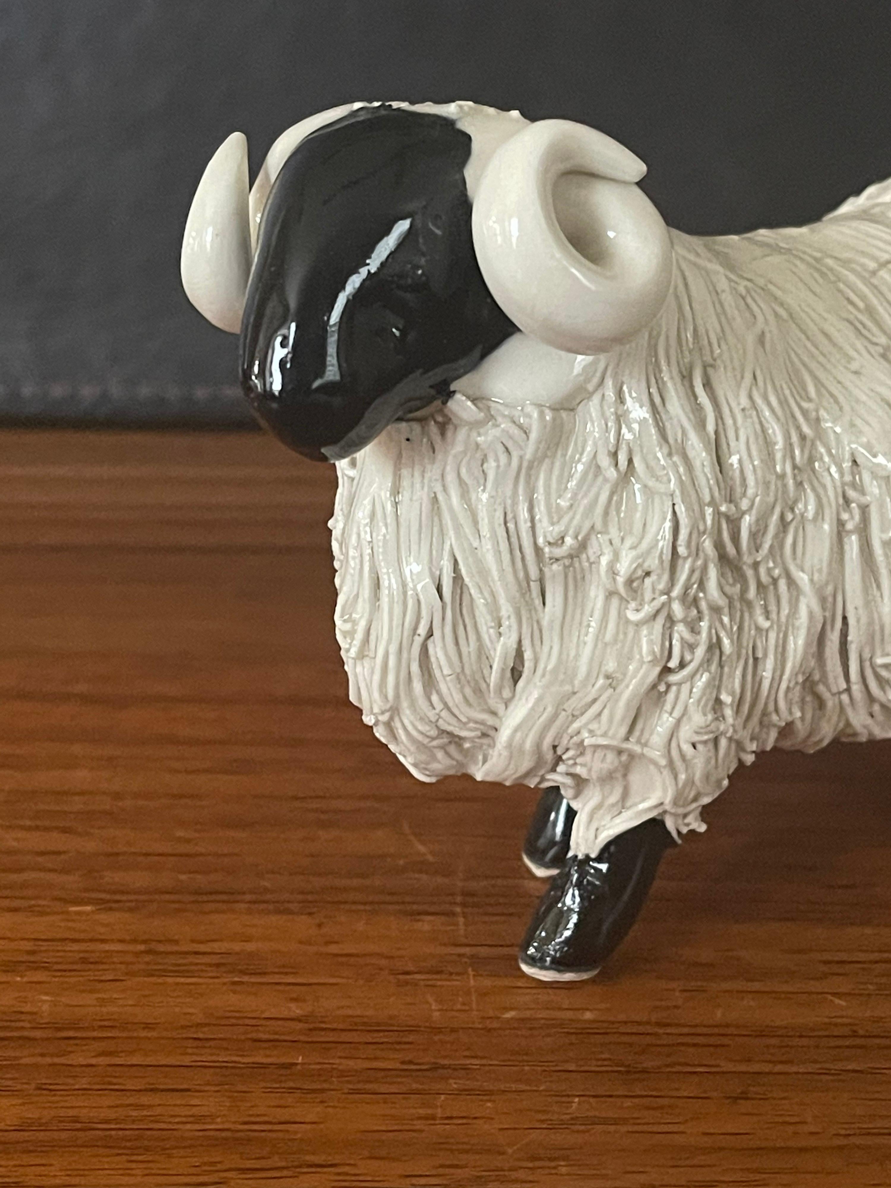 Glazed Pair of Midcentury Ceramic Rams / Sheep Figurines