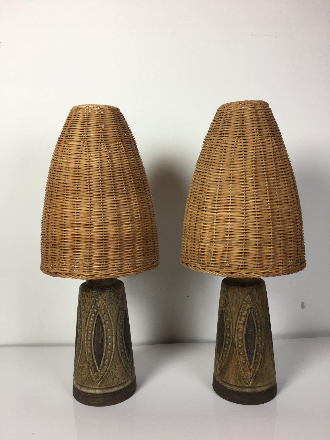 Mid-Century Modern Pair of Mid-century Ceramic table lamp with wicker lamp shade from Denmark 1970s For Sale