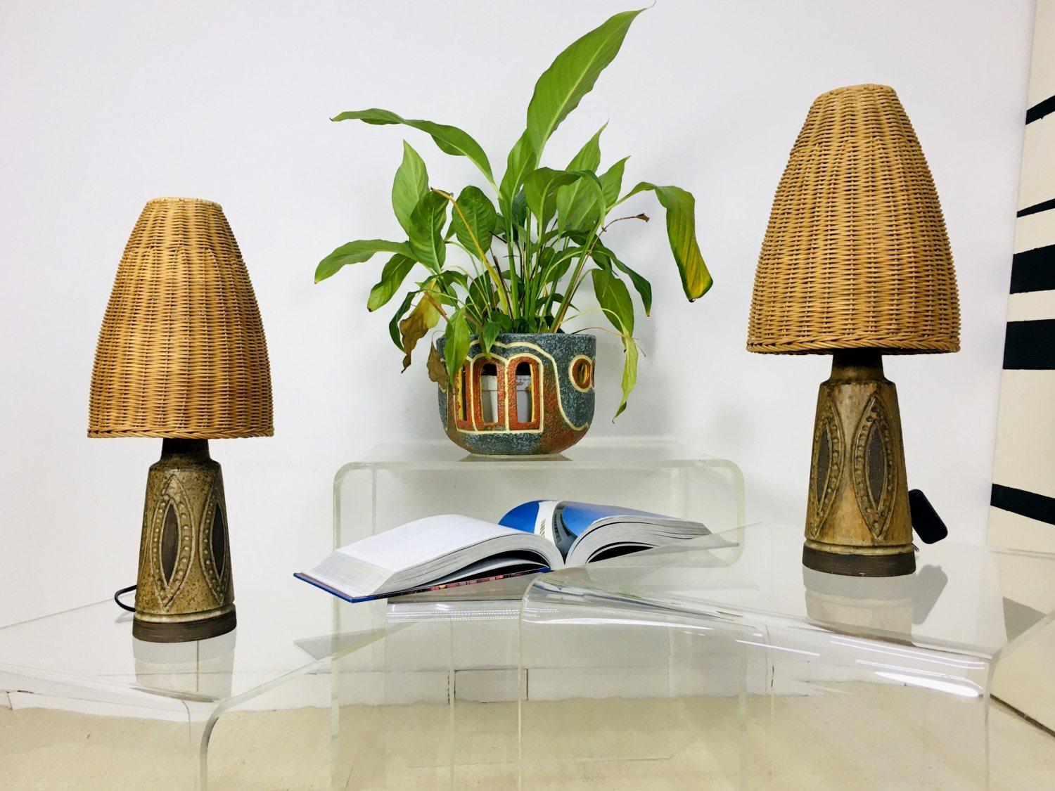 Pair of Mid-century Ceramic table lamp with wicker lamp shade from Denmark 1970s In Good Condition For Sale In Budapest, HU