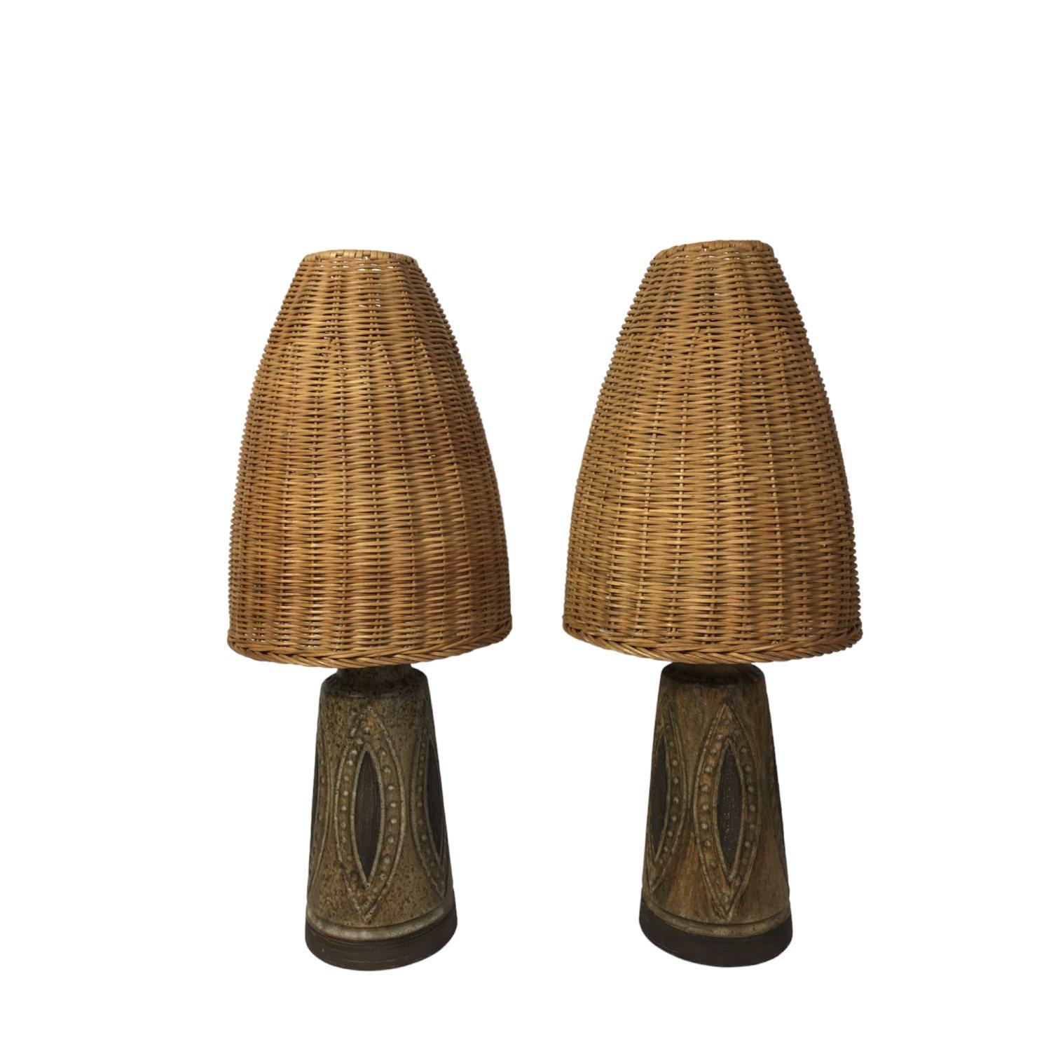Pair of Mid-century Ceramic table lamp with wicker lamp shade from Denmark 1970s For Sale