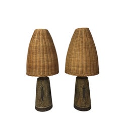 Pair of Mid-century Ceramic table lamp with wicker lamp shade from Denmark 1970s