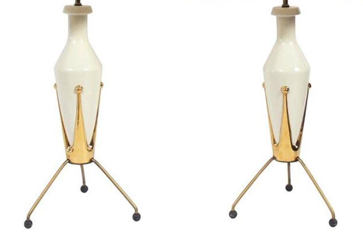 American Pair of Mid Century Ceramic Tripod Lamps  For Sale