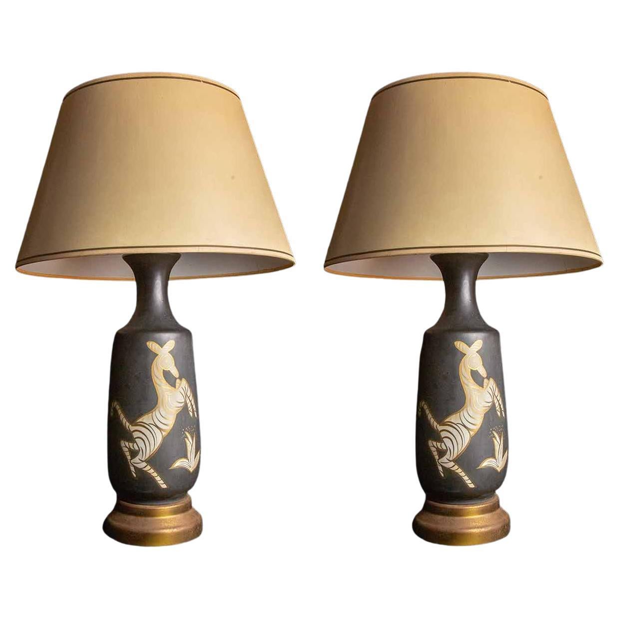 Striking Restored Pair of Vintage Zebra Print Ceramic Lamps in Citrus