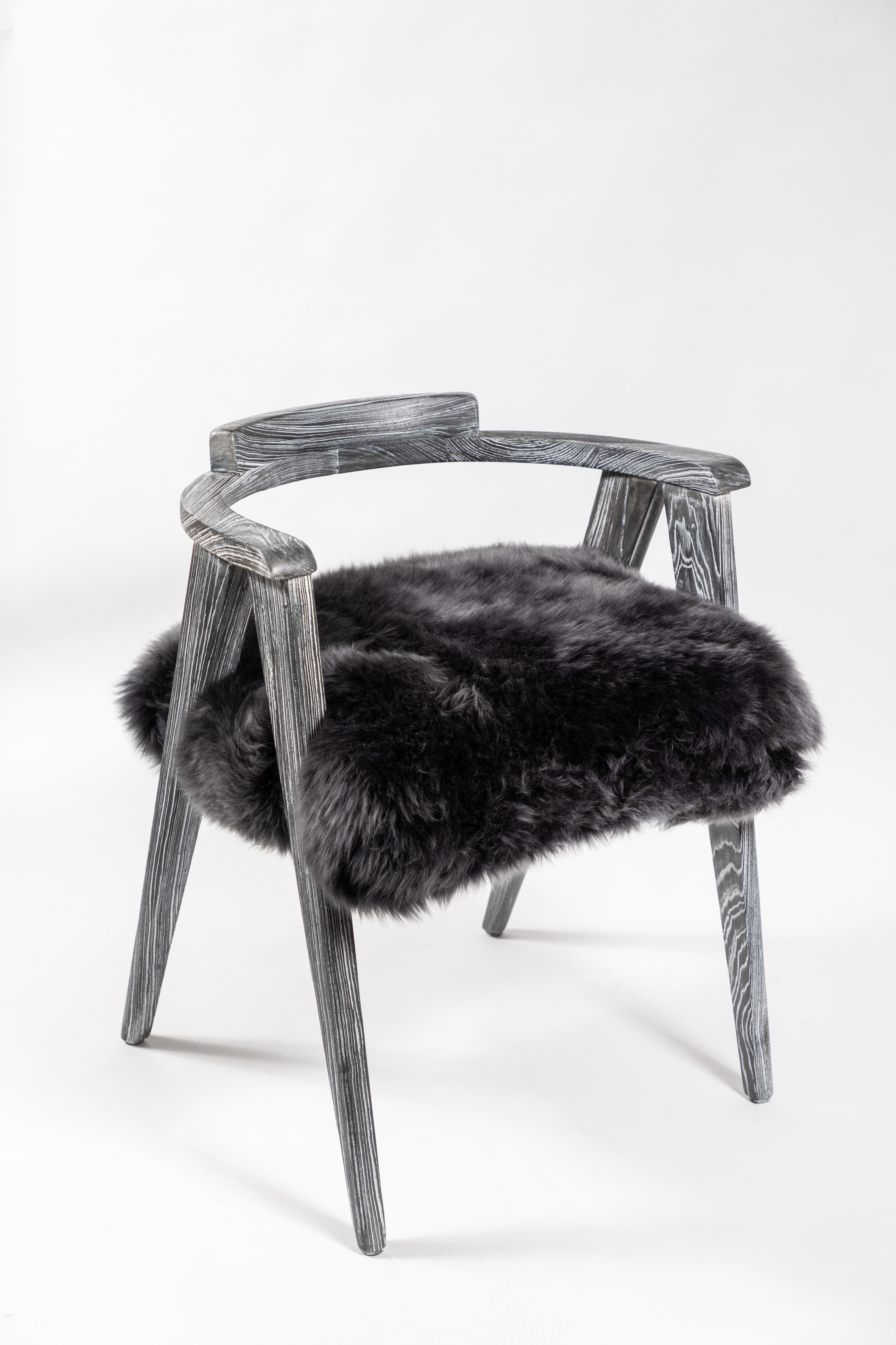 American Pair of Midcentury Cerused Wood and Fur Scissor Leg Chairs
