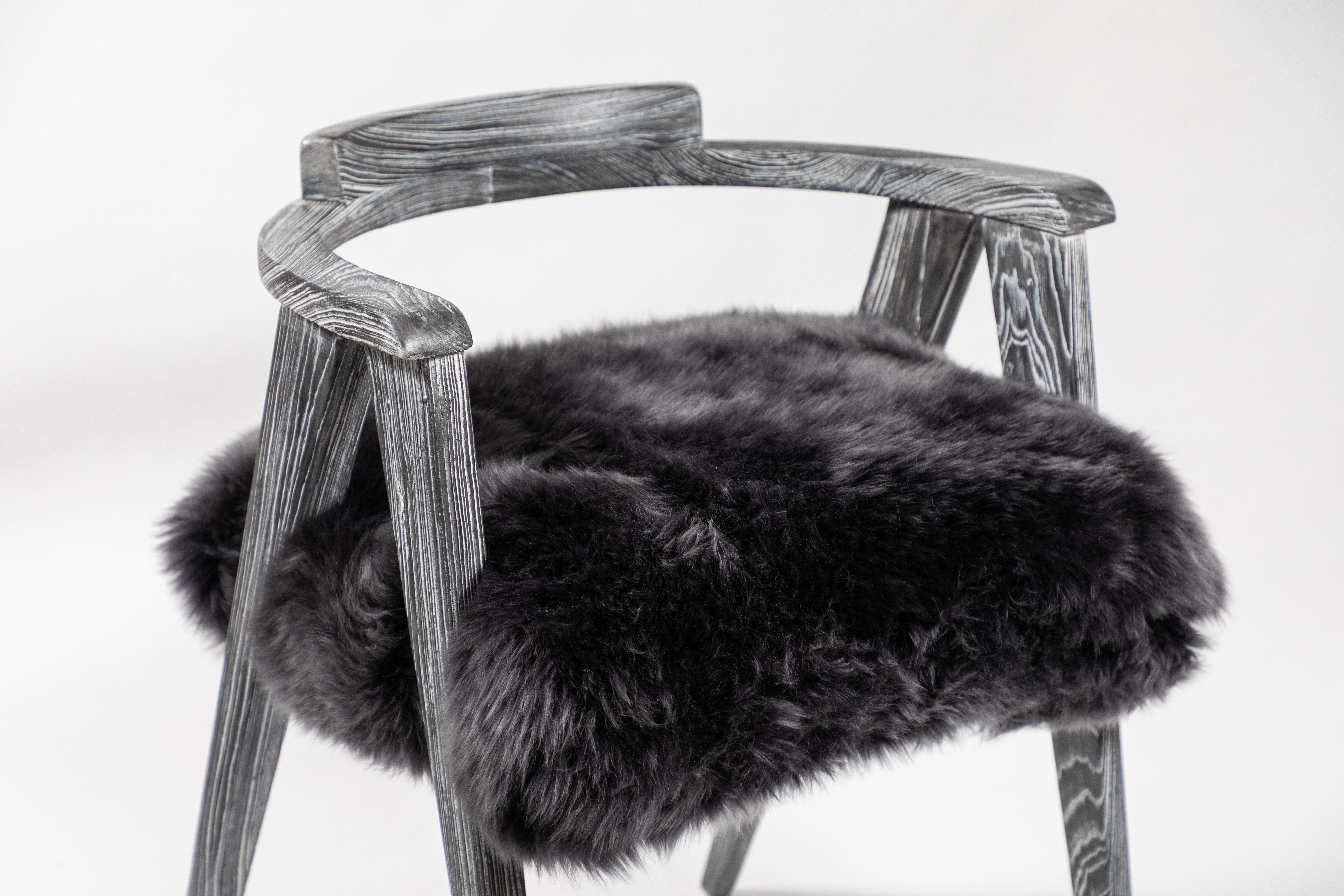 Sheepskin Pair of Midcentury Cerused Wood and Fur Scissor Leg Chairs