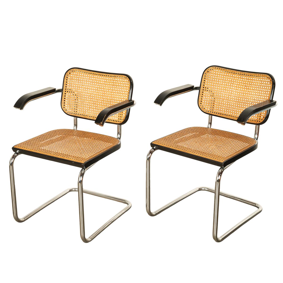 Pair of Mid Century Cesca Armchairs Marcel Breuer Knoll Cane Tubular Steel 1974 In Good Condition In Portland, OR