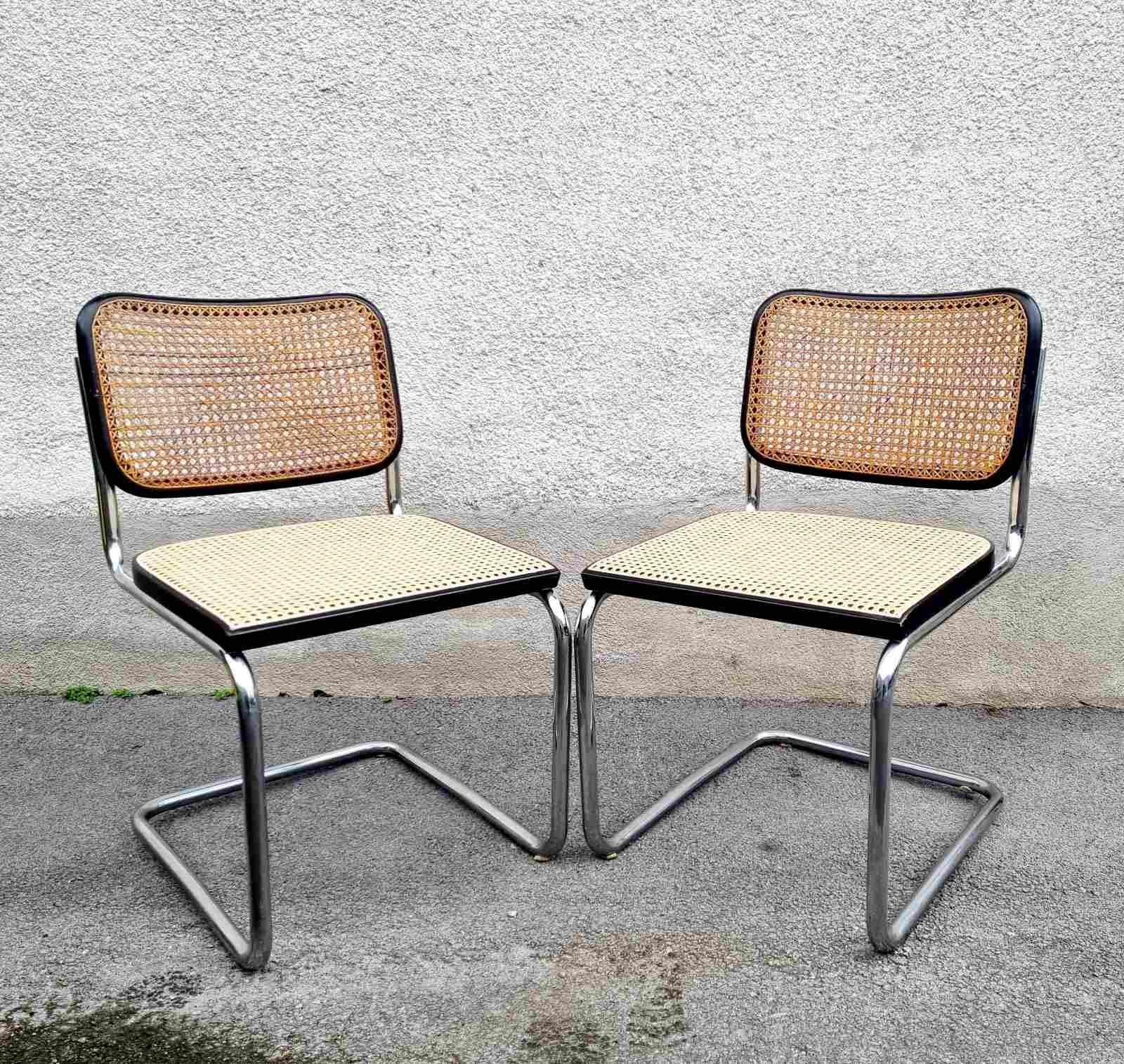 This pair of Marcel Breuer Cesca Chair was made in Italy in '60s by Gavina 
The chairs are labeled
It's fabulous iconic piece of furniture and also very comfortable to sit on. It's perfect for the dining area or as a decorative vintage piece for