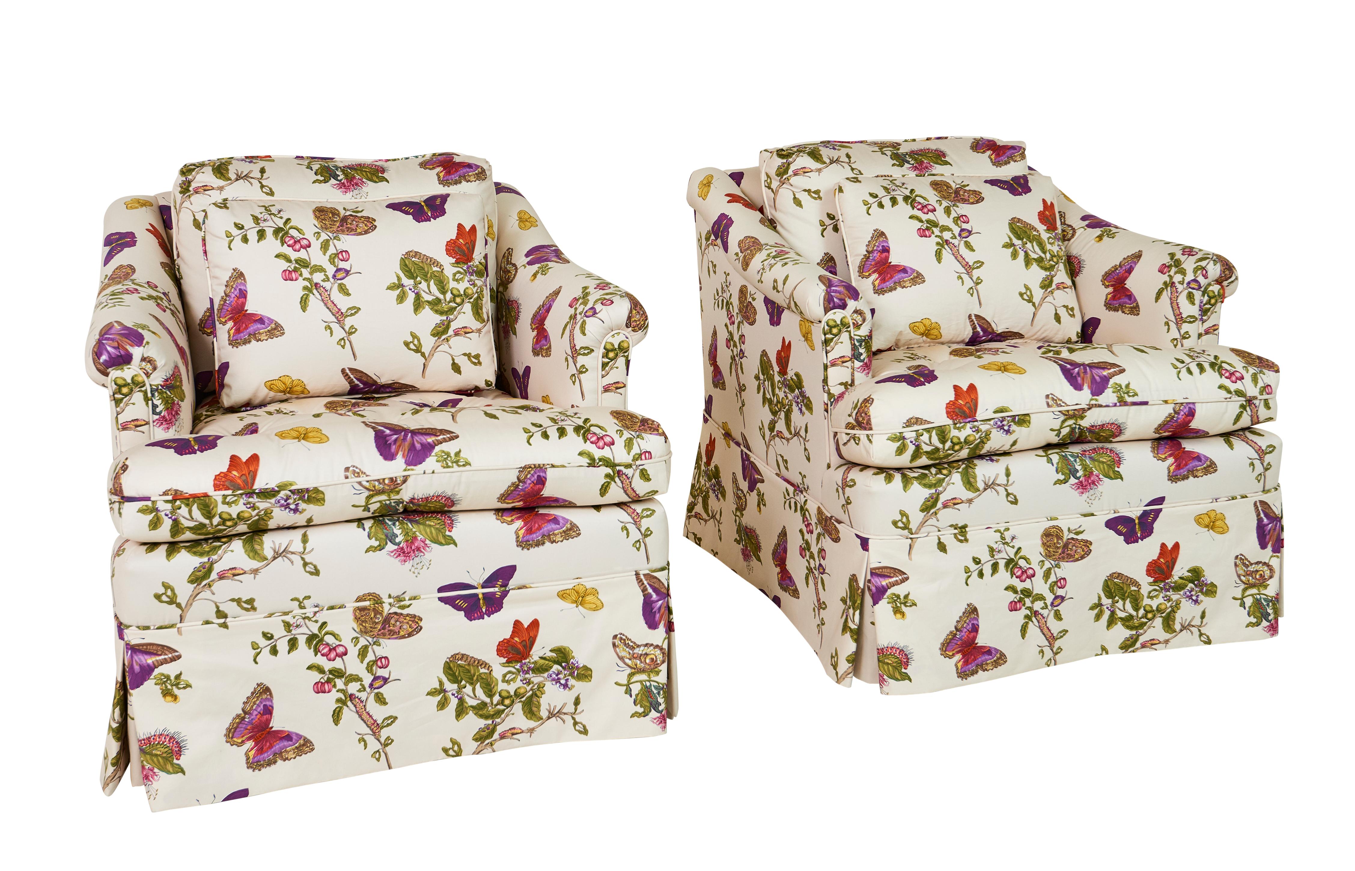 This pair of midcentury armchairs are upholstered in Schumacher's Baudin Butterfly Chintz fabric in purple (178722).

Since Schumacher was founded in 1889, our family-owned company has been synonymous with style, taste, and innovation. A passion