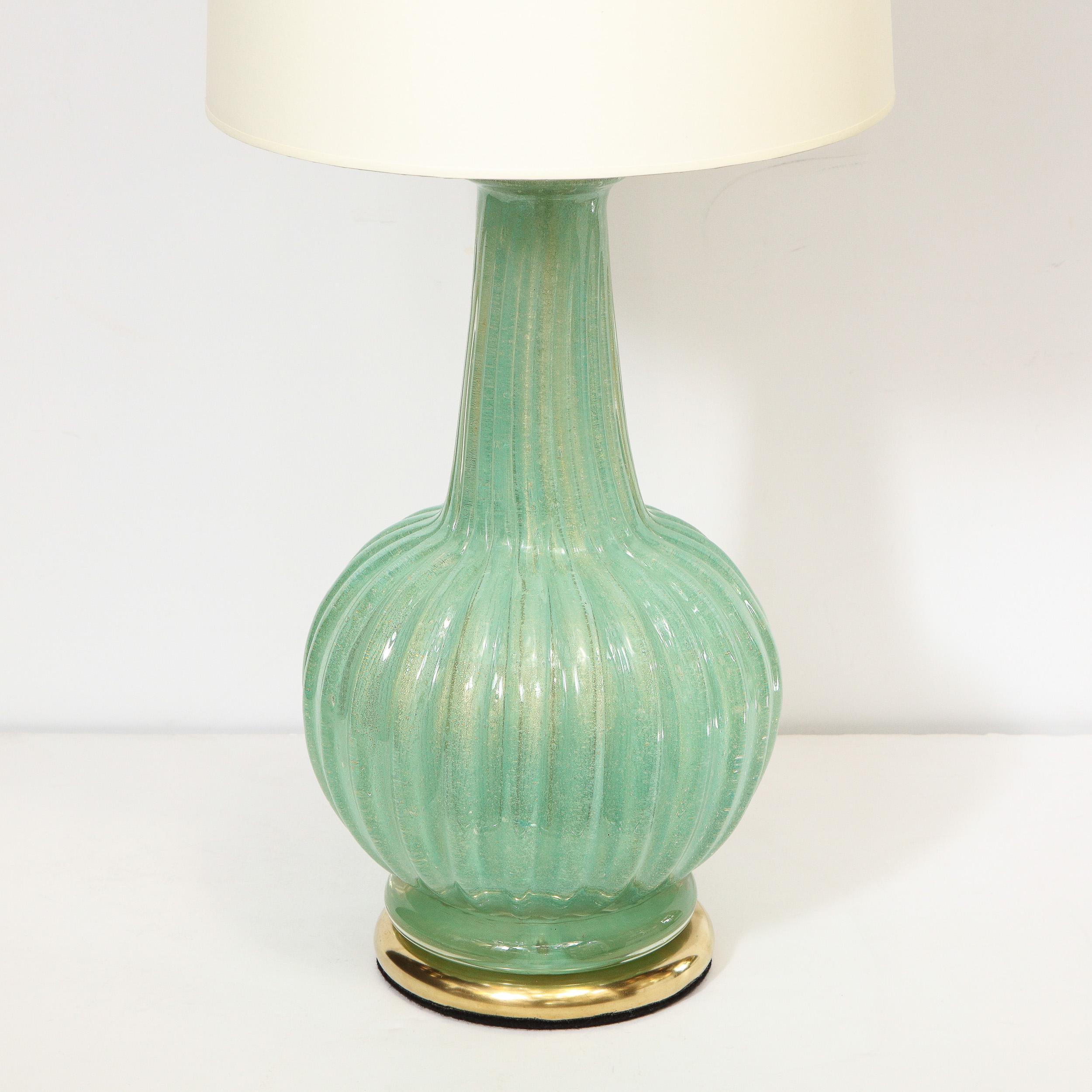 Italian Pair of Midcentury Channeled Table Lamps with Brass Detailing, Barovier e Toso