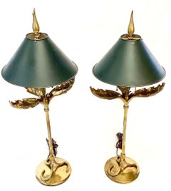 Pair of Mid-Century Chapman Brass Palm Leaf Lamps with Tole Shades