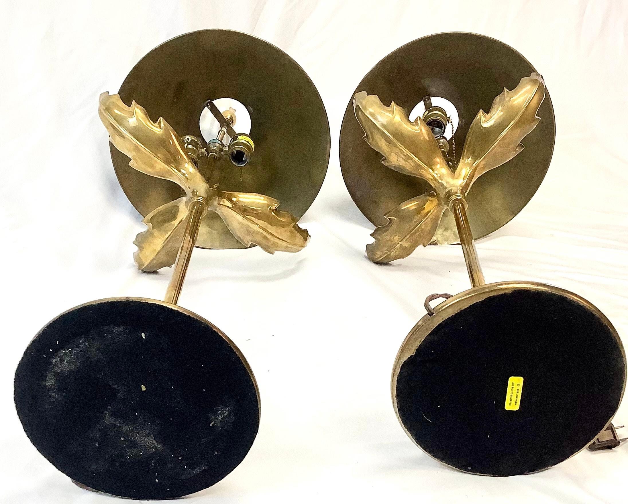 American Pair of Mid-Century Chapman Brass Palm Leaf Lamps with Tole Shades