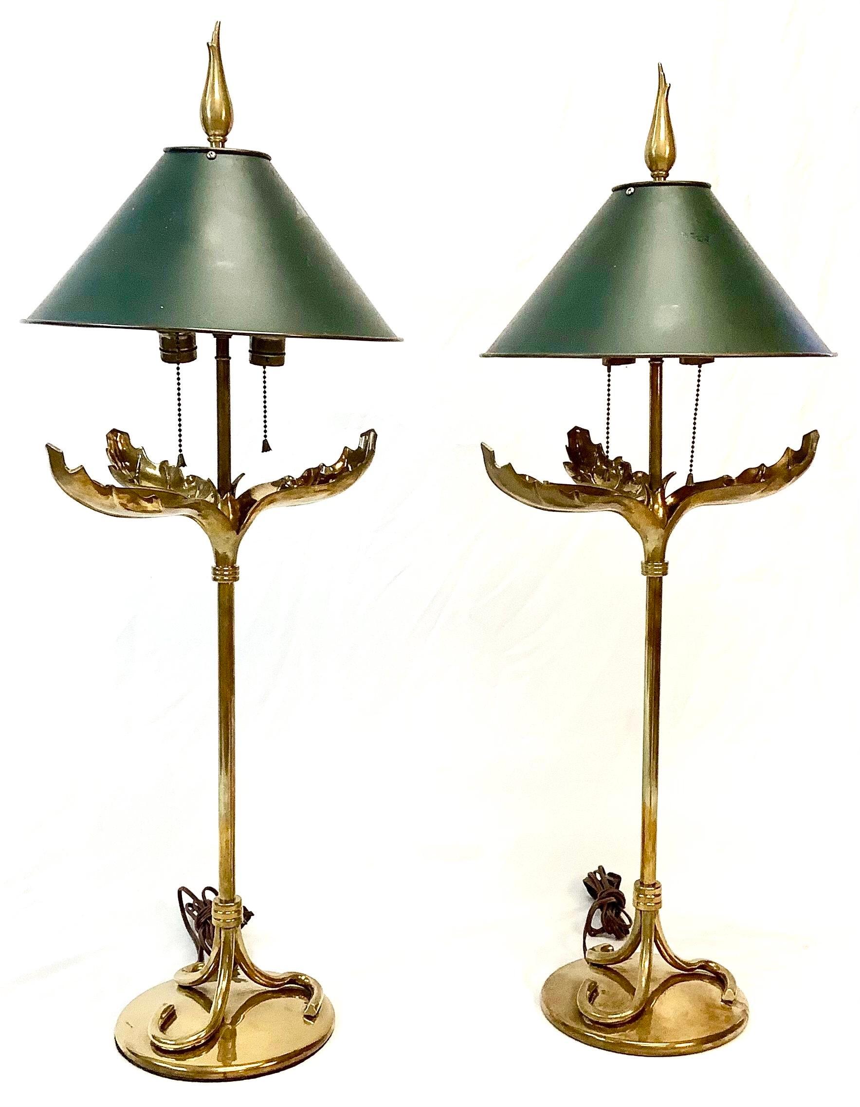 20th Century Pair of Mid-Century Chapman Brass Palm Leaf Lamps with Tole Shades
