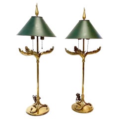 Pair of Mid-Century Chapman Brass Palm Leaf Lamps with Tole Shades